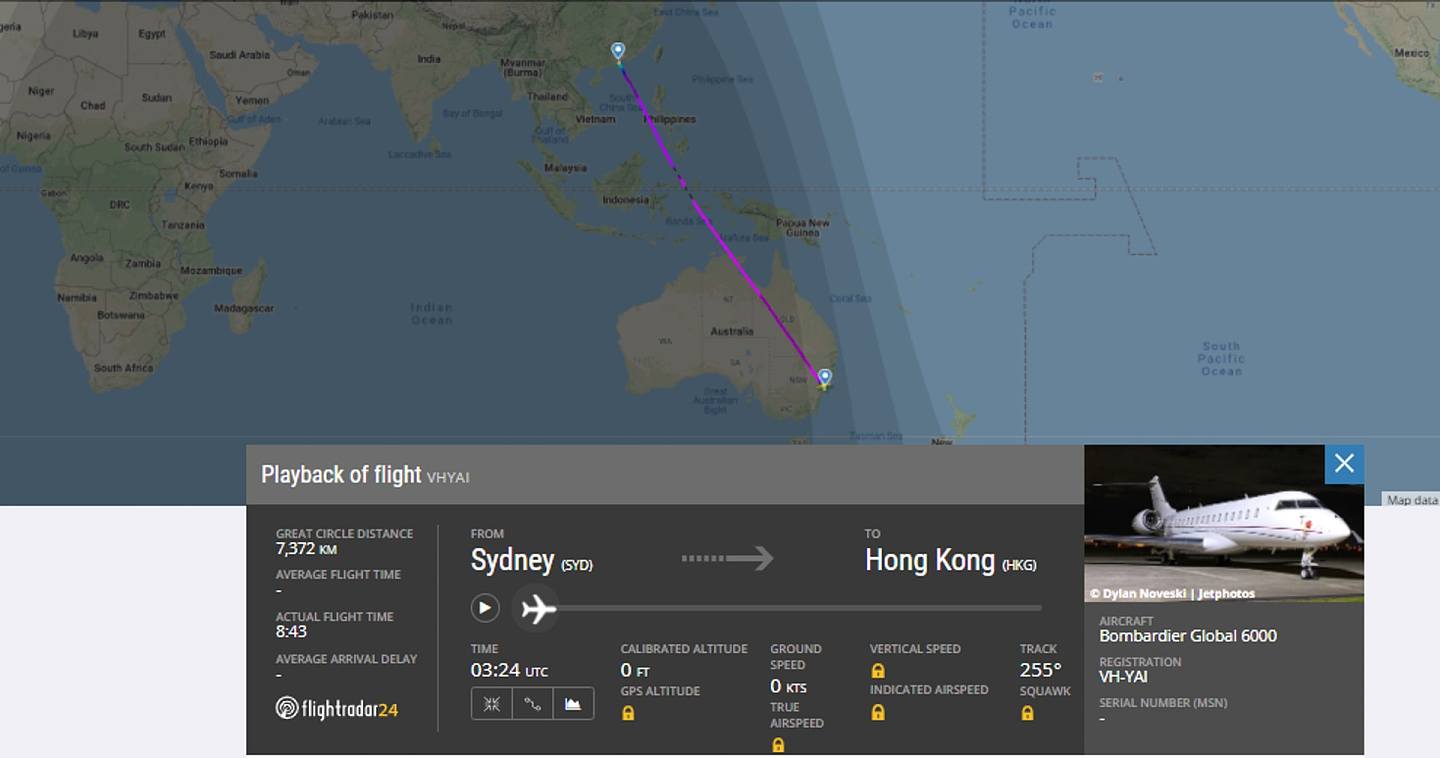 翻查当日航班飞行纪录，班机香港时间8月12日11时24分起飞，并于晚上8时48分降落。 （Flightrader24截图）