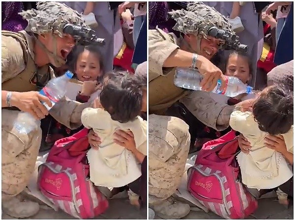 ▲▼美国大兵在机场外替阿富汗儿童倒水解渴 。（图／翻摄Twitter@JaneFerguson5）