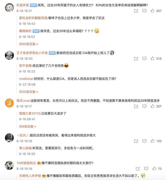 在微博留言中，有中国网友们对喀布尔的女权抗议者冷嘲热讽。
