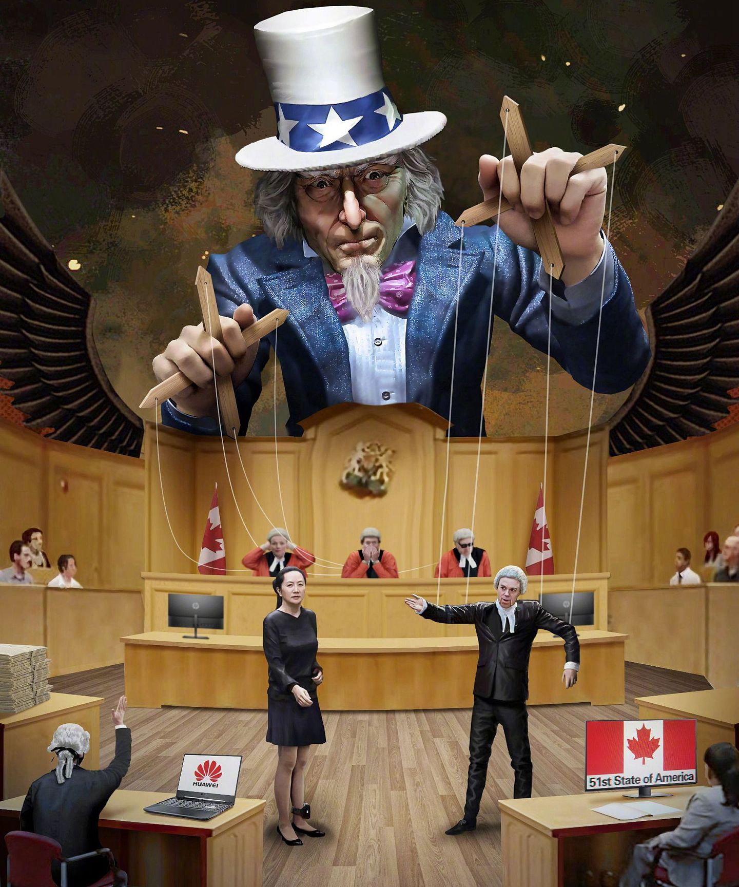 中国画师创作的讽刺加拿大法庭审理孟晚舟的漫画。（Twitter@n6dnb）
