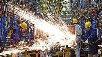 Sparks fly at the Nissan car plant in Zhengzhou, Henan province, China.