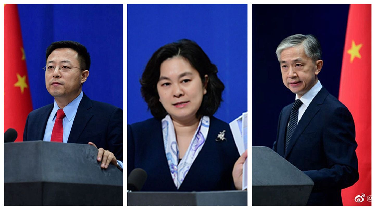 中国外交部现在的三位发言人风格各异。赵立坚（左一）被视作“战狼外交”之典型，华春莹（中）时而温和时而严厉，汪文斌则予人人如其名之感。（Twitter@Lijian Zhao）