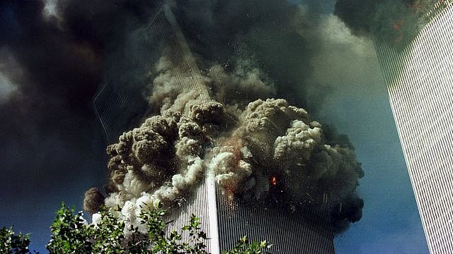 The south tower of the World Trade Center collapses September 11, 2001 in New York City.