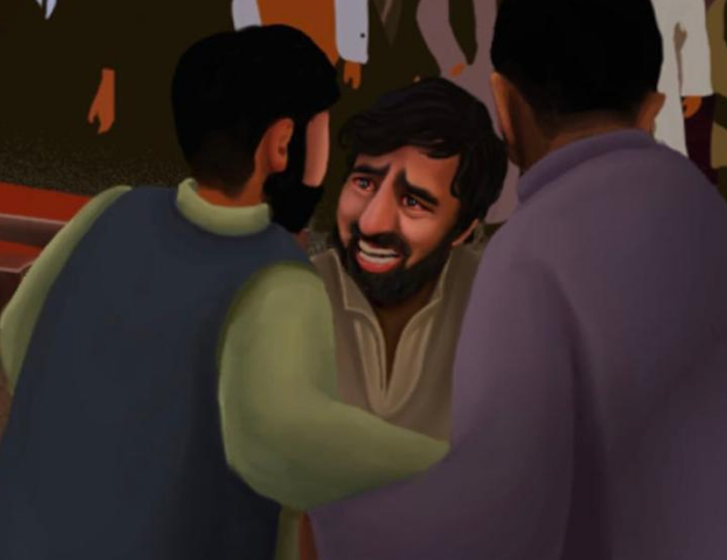 《两岁“恐怖分子”的葬礼》漫画细节。面对无辜逝去的家人，阿富汗男子两眼通红，十分痛苦。（微博@衝鋒号角）