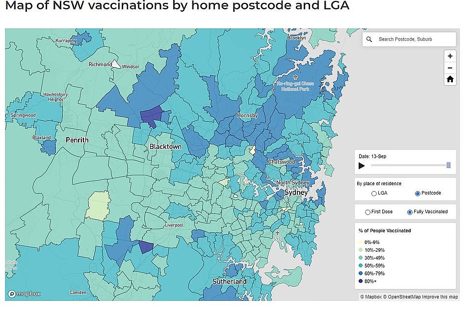 This map of Sydney shows full vaccination rates by postcodes with the highest rates in dark blue and lowest in yellow