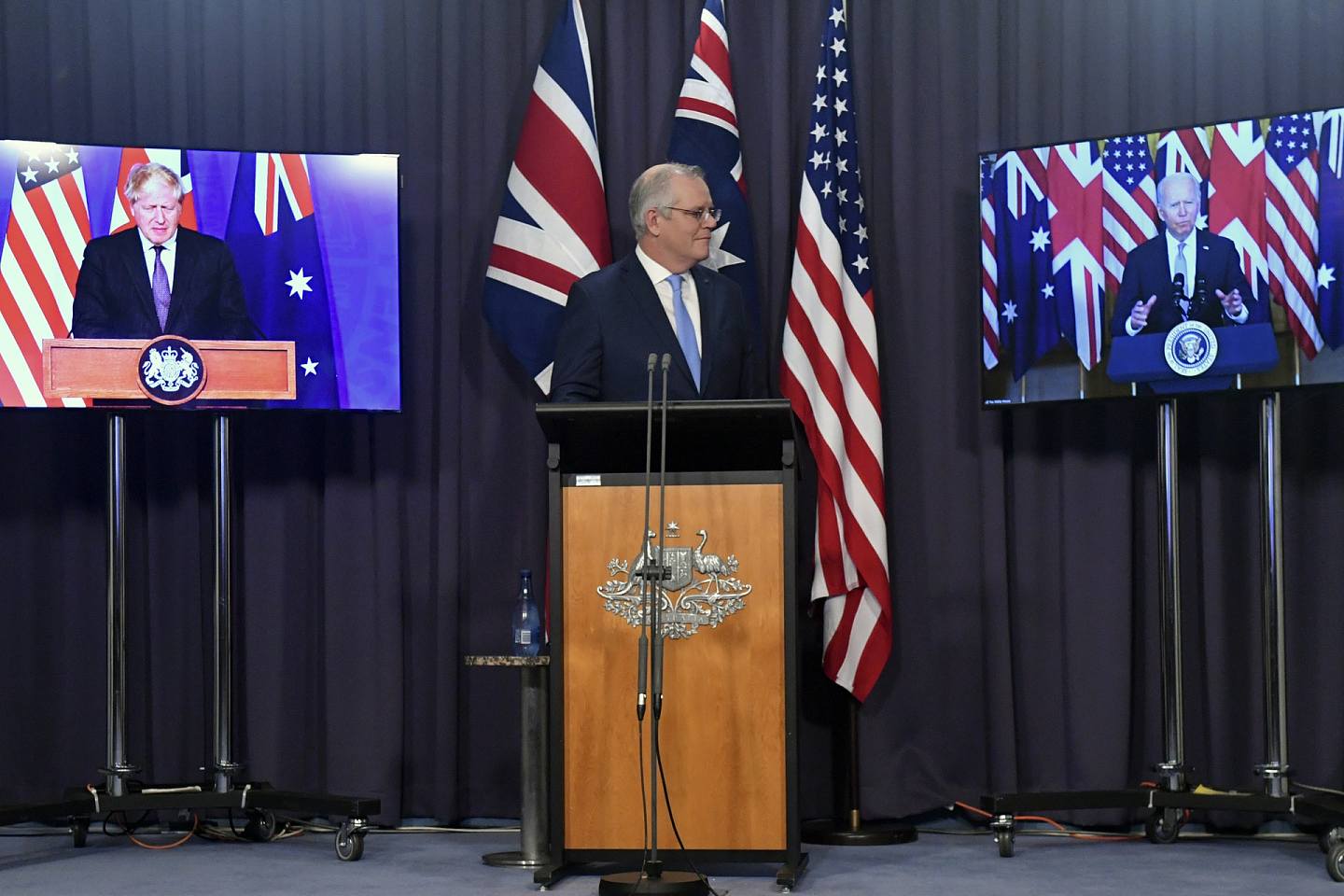 图为2021年9月16日，澳洲总理莫里森于堪培拉出席记者会。 （AP）