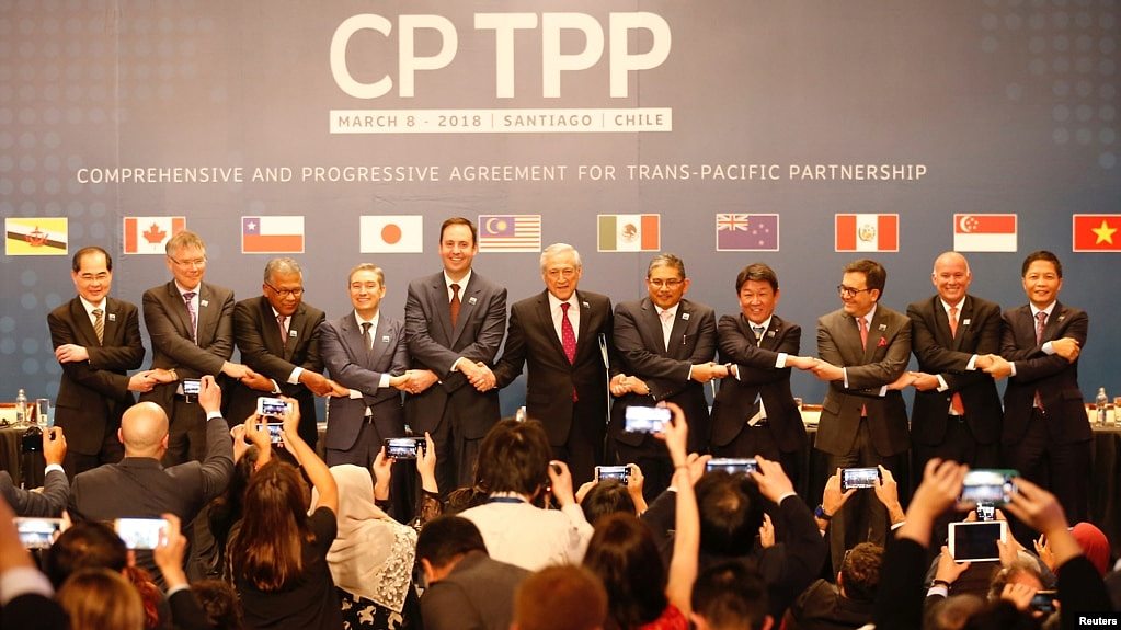 跨太平洋11国2018年3月8日签署《全面与进步跨太平洋伙伴关系协定》（CPTPP）。