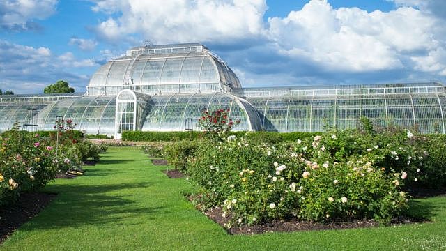 邱园中著名的地标建筑物，维多利亚时代建造的玻璃暖房——温带植物温室（Temperate House），里面容纳了1万株植物。