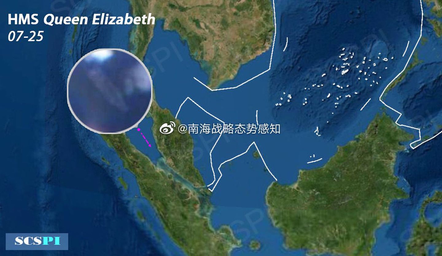 2021年7月25日，中国智库“南海战略态势感知”发布卫星在马六甲海峡捕获英国“伊丽莎白女王”号航母图像。（微博@南海战略态势感知）