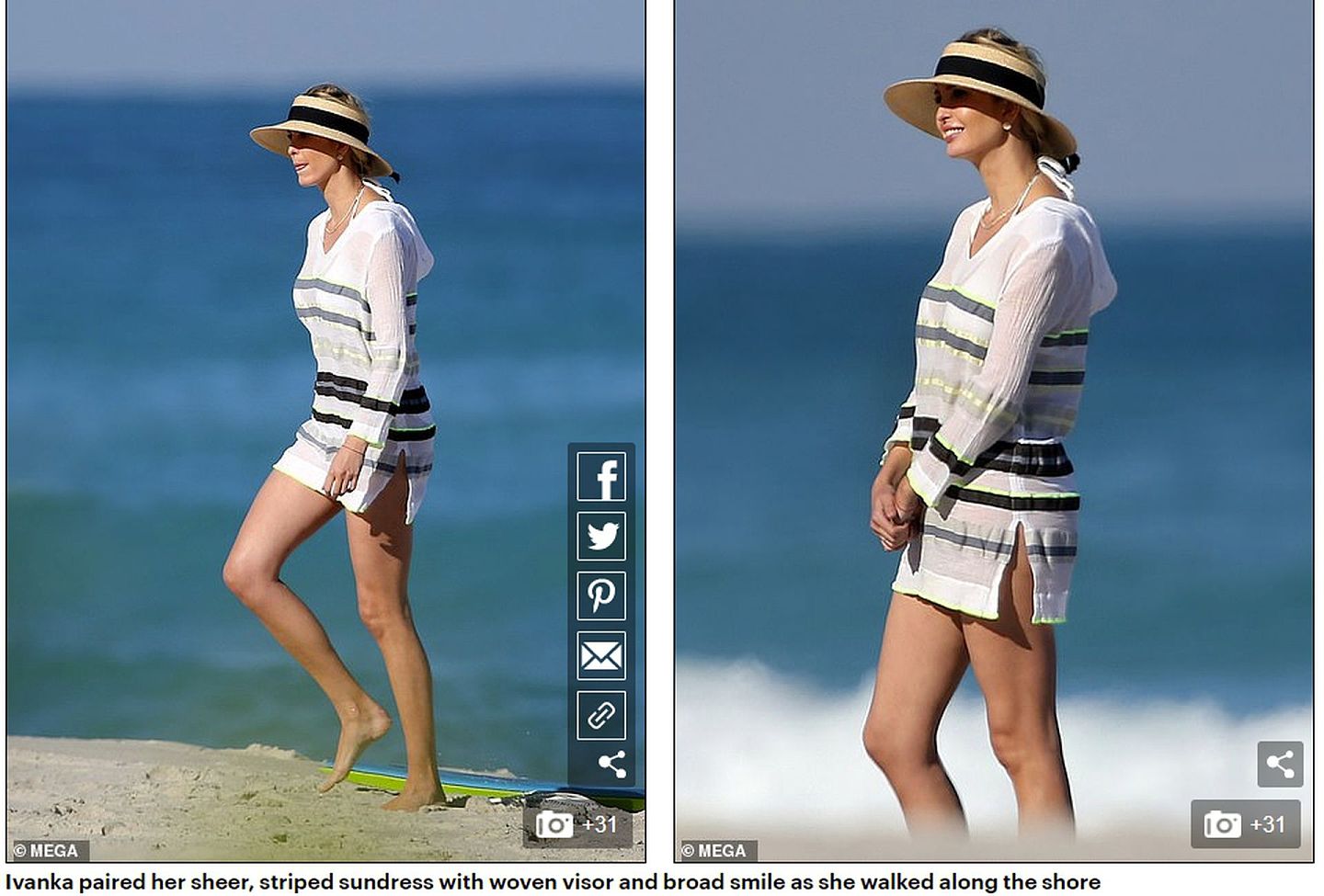 2月7日，伊万卡在佛州海滩休闲的照片被英媒曝光。（《每日邮报》网站截图）