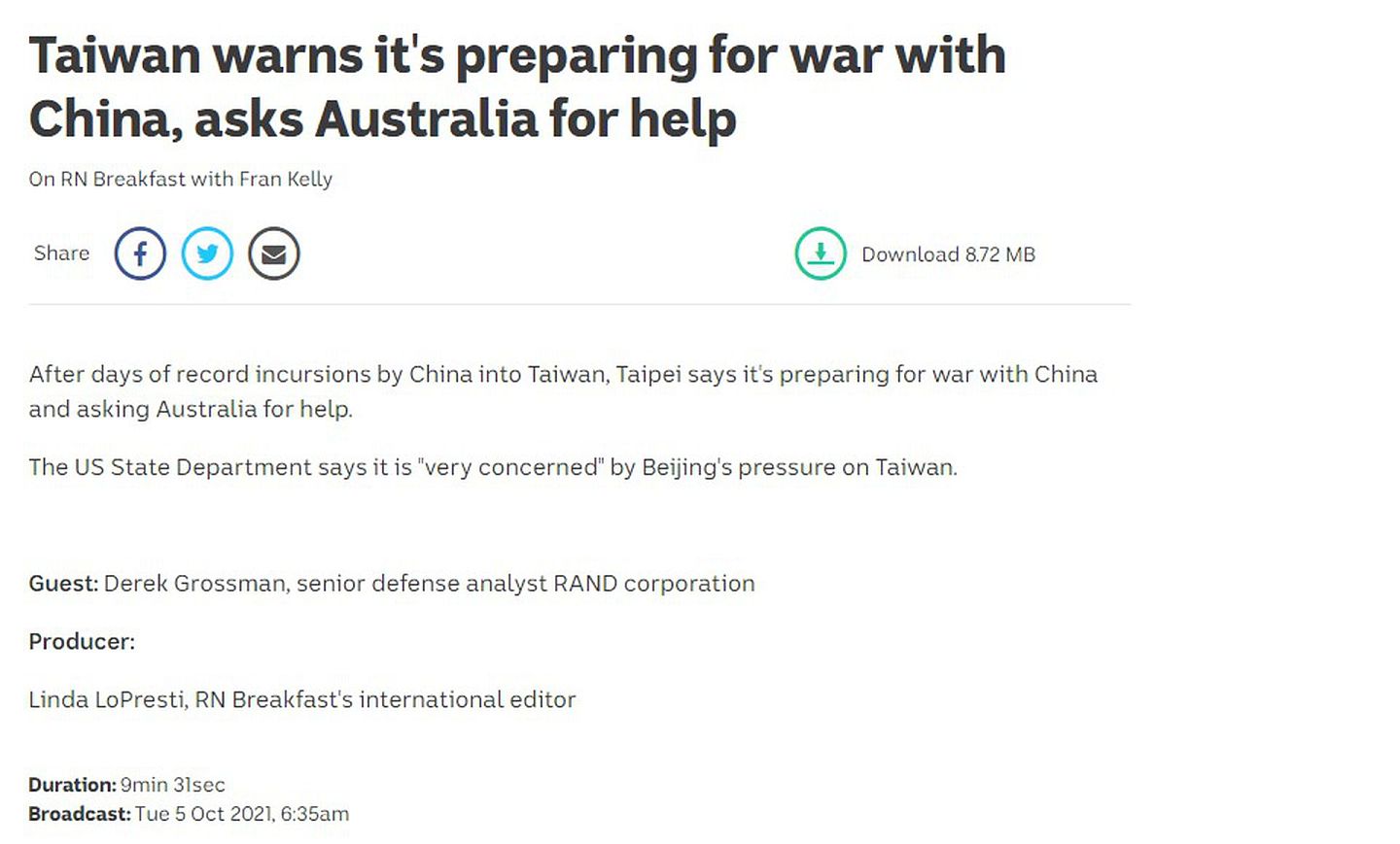 吴钊燮接受澳媒专访时表示，台湾正做好备战准备。（截取自澳州广播公司ABC官网）