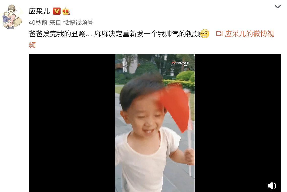 应采儿罕晒次子视频，HoHo举着红旗一路小跑，露小乳牙萌态尽显（组图） - 1