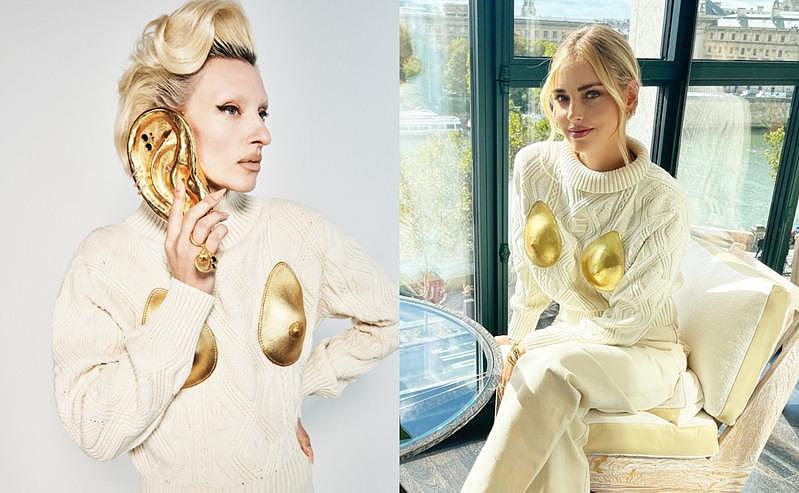 Chiara穿着Schiaparelli秋冬系列的米白色羊毛手工编织高领衣，胸前有两块金色乳房皮革胸贴装饰。。（取材自Instagram、官网）