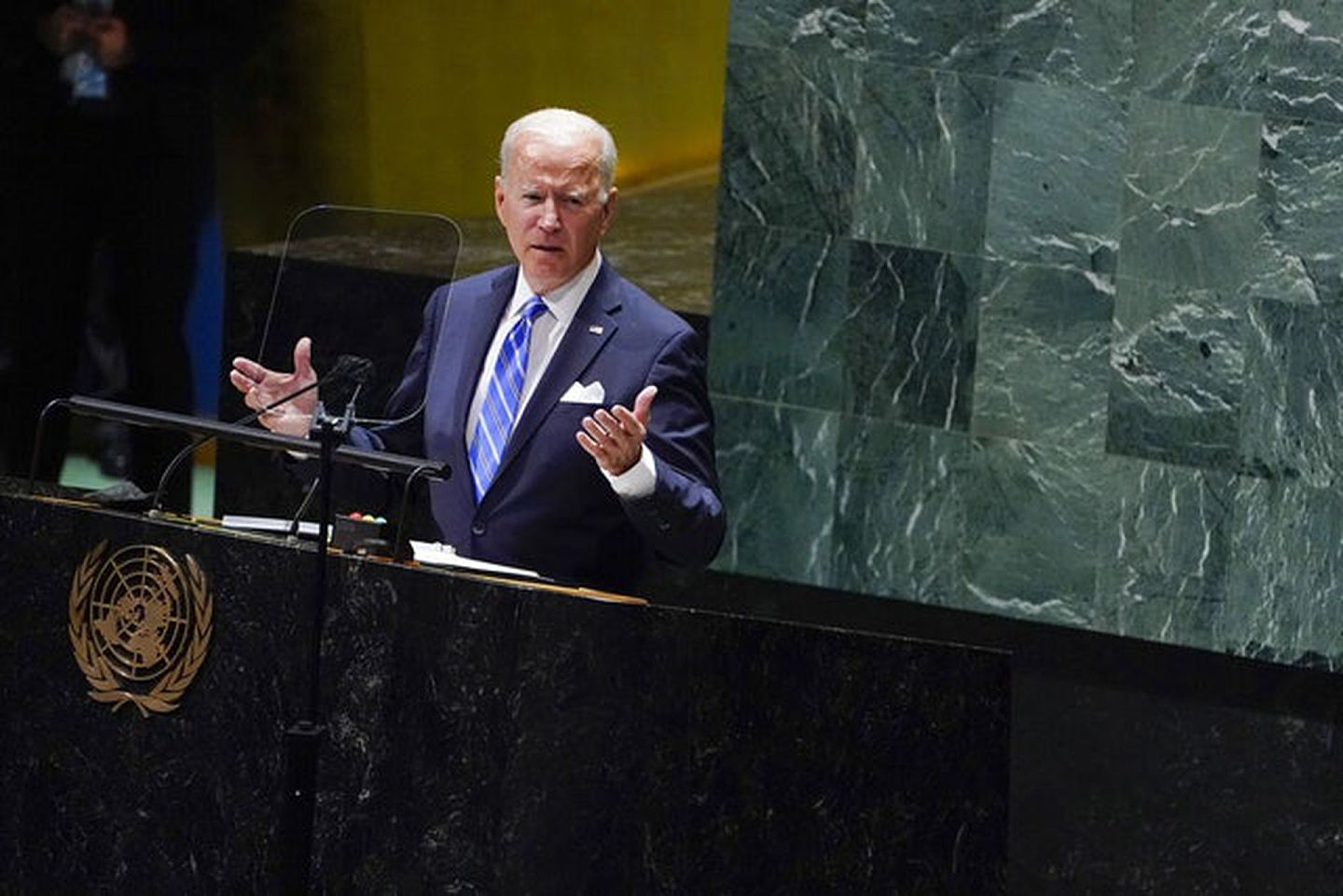 美国总统拜登2021年9月21日于美国纽约市联合国大会上演说。（AP）