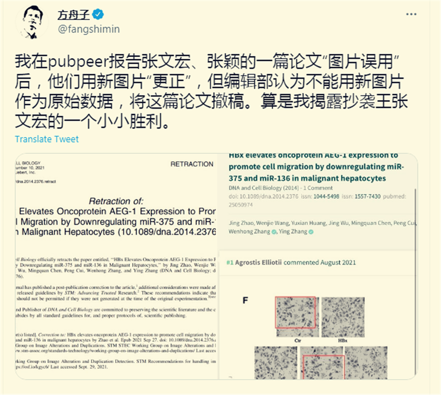 中国媒体人方舟子在推特称自己向杂志社质疑张文宏的论文。（Twitter@fangshimin）