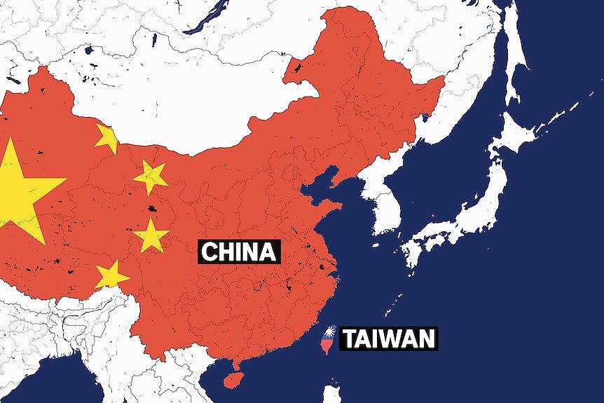 A map shows China and Taiwan with their respective flags on their territory