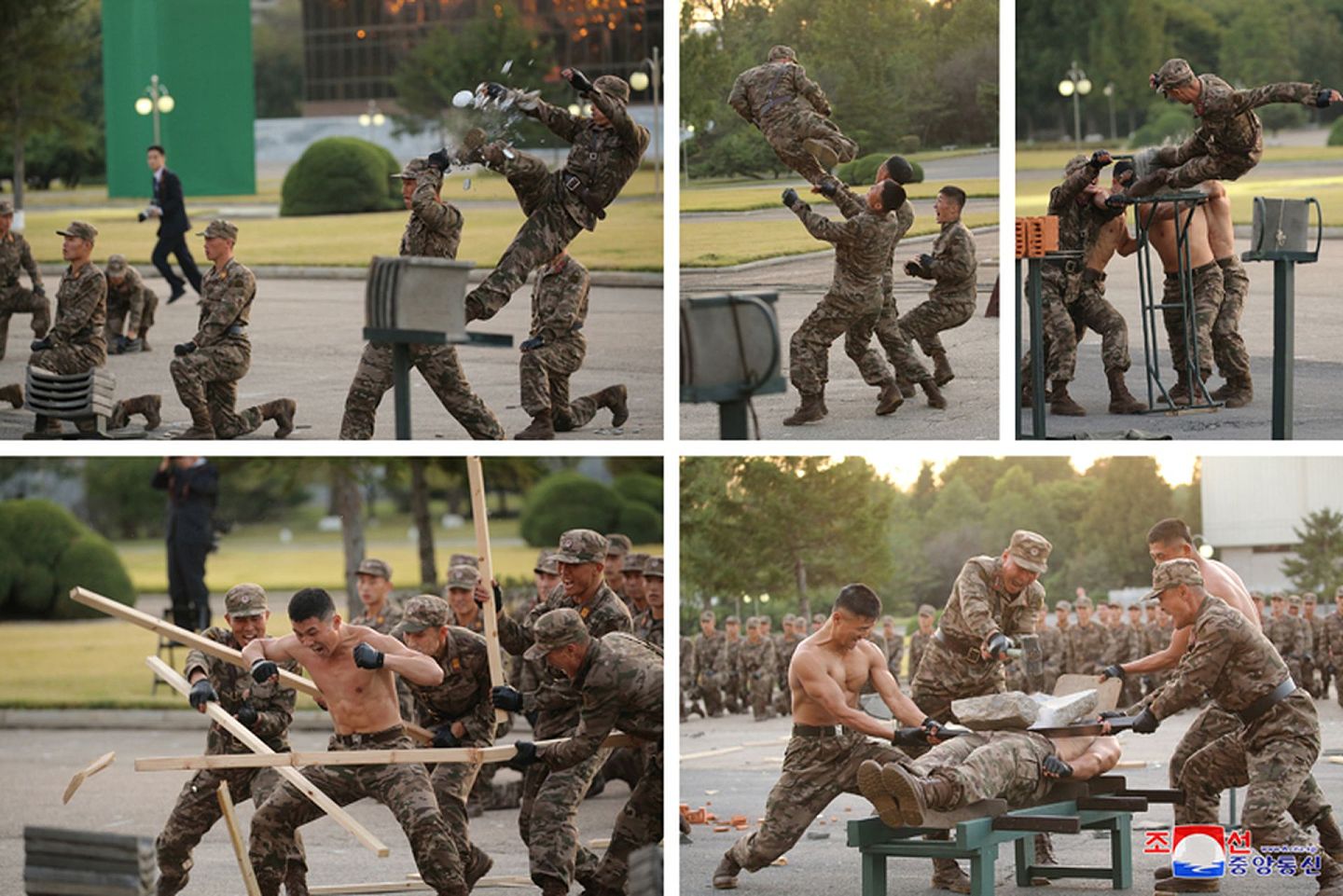 2021年10月12日，朝鲜官方公开国防发展展览会现场士兵表演照片。（朝中社）