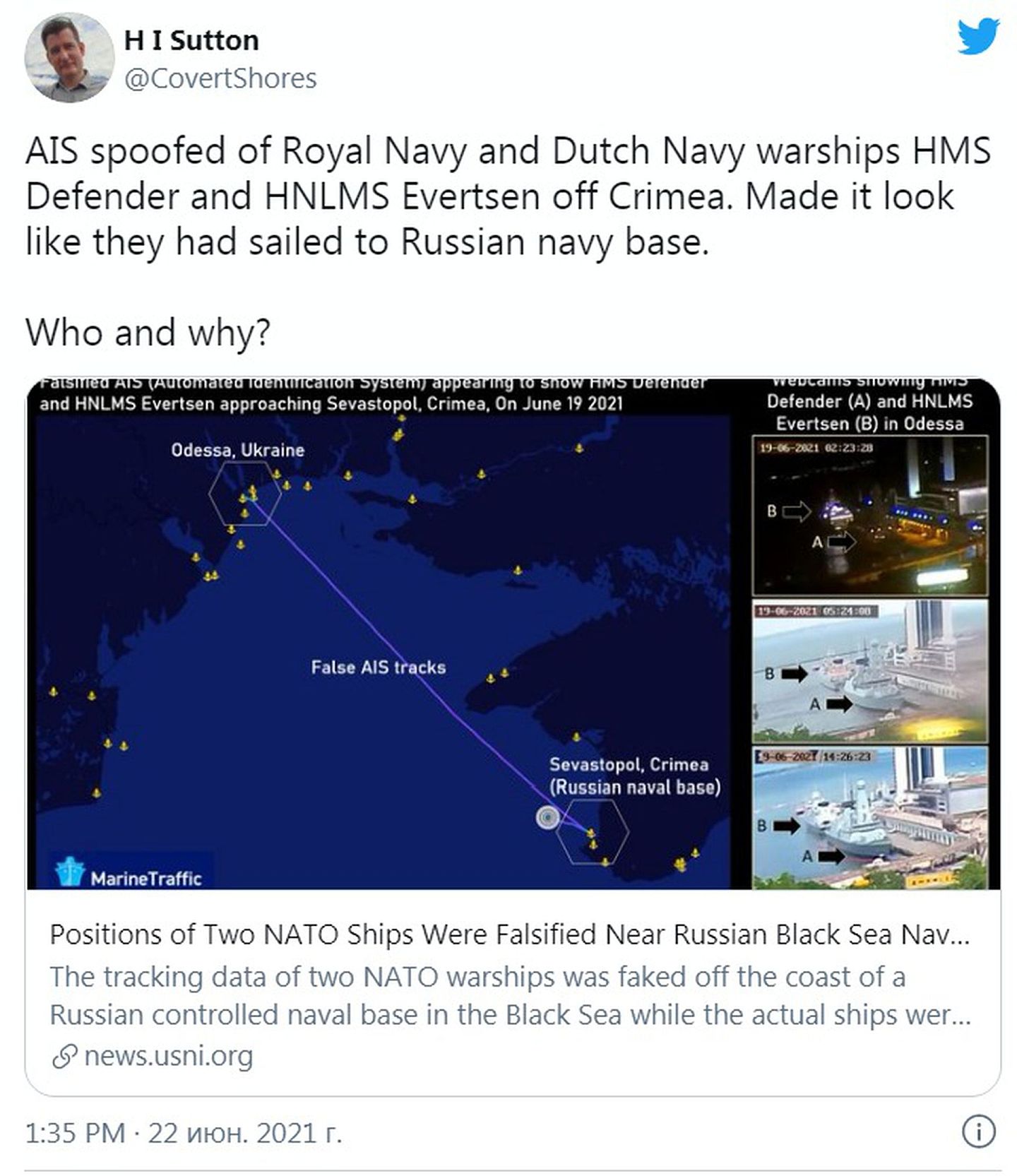 英舰在6月18日与一艘荷兰军舰进入乌克兰敖德萨港后，两舰一度伪造船舶自动识别系统（AIS）信息，显示两舰19日出港并直取塞瓦斯托波尔外海。（推特网页截图）