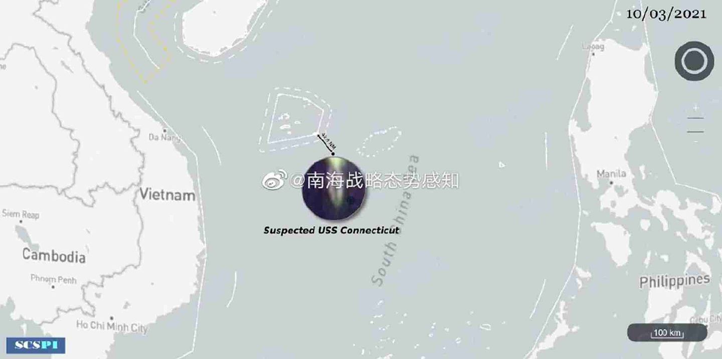 南海西沙群岛东南海域发现疑似美军事故核潜艇。（微博@南海态势感知）