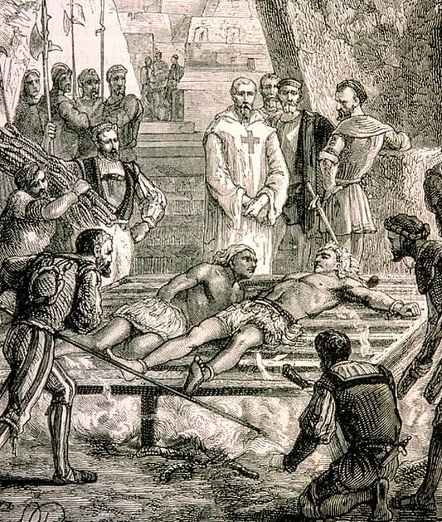 19世纪的雕版画描绘欧洲征服者在1521年对阿兹特克皇帝夸特莫克（Aztec emperor Cuauhtemoc）施以酷刑。