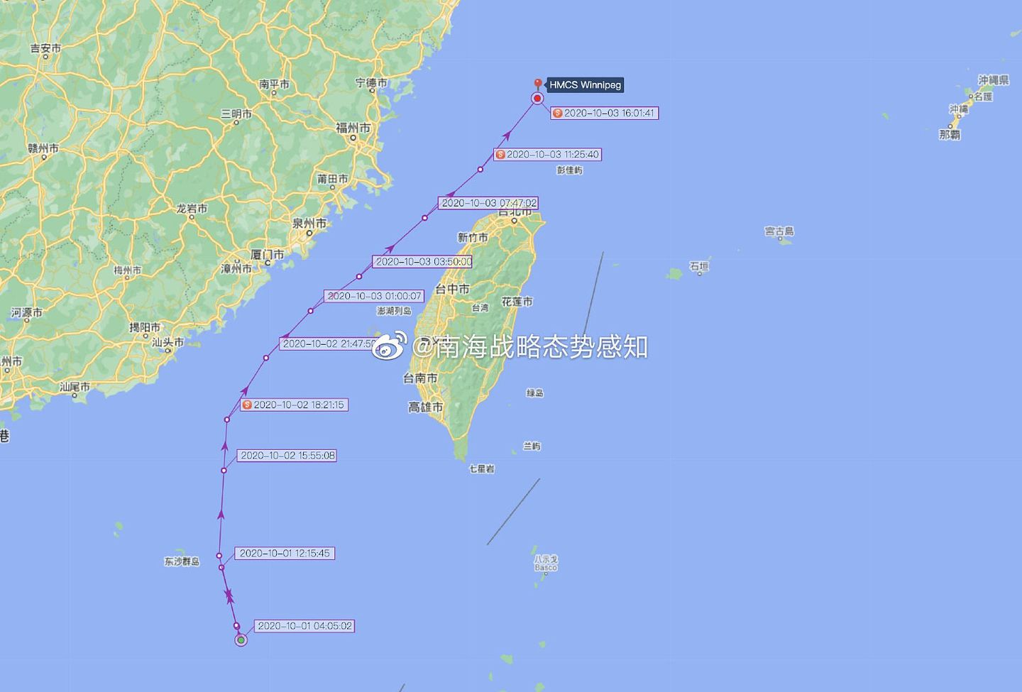 美加军舰联合穿越台湾海峡路线图。（微博@南海战略态势感知）
