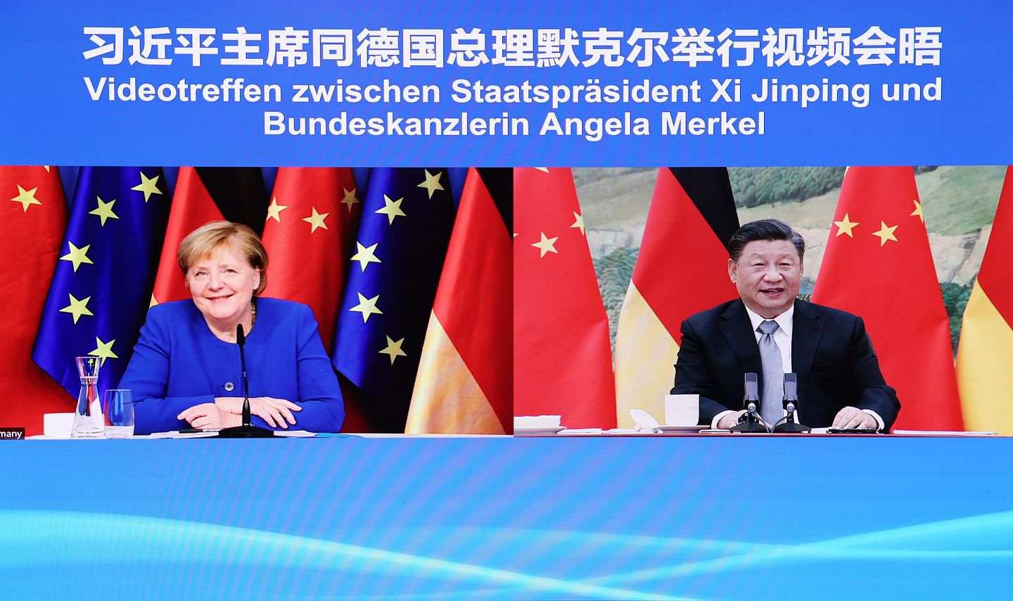 习近平同德国总理默克尔举行视频会晤。默克尔表示，“我任德国总理期间，中国实现了快速发展，国力今非昔比，并且展现出巨大潜力。”（新华社）