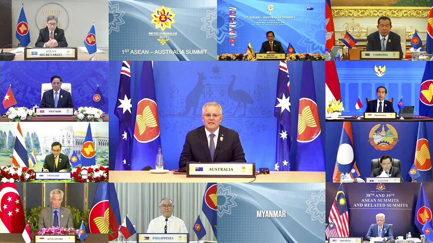 澳洲总理莫里森10月27日与东盟领导人举行视像峰会。 （AP）