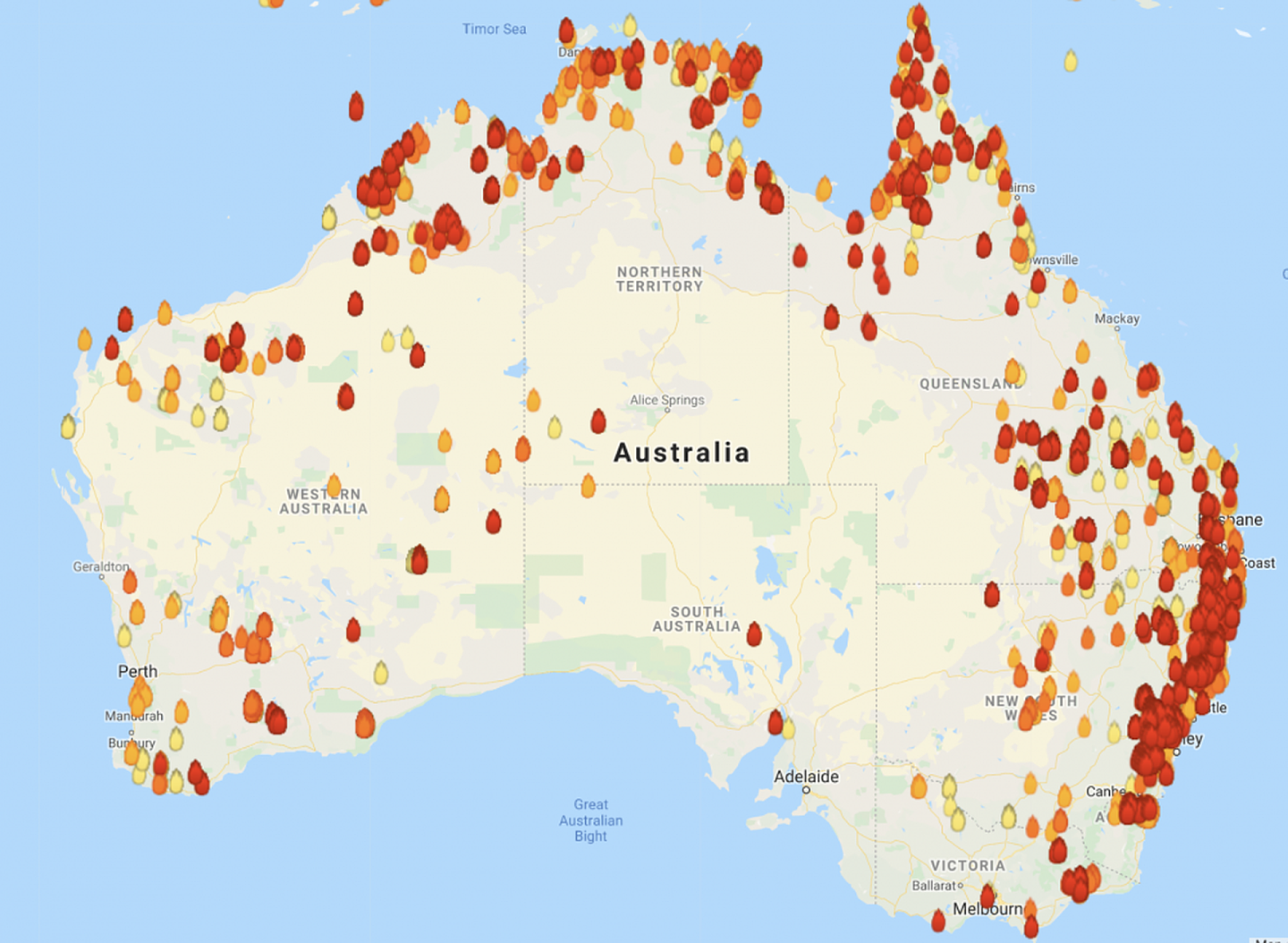 2019-2020的山火季节异常严重，造成生态灾难。（Google Map）