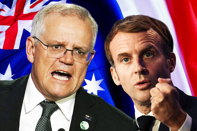 澳洲总理莫里森（左）反击法国总统马克宏（右），强调冲着他来可以，但有辱澳洲人民就不行。 （美联社、法新社，本报合成）