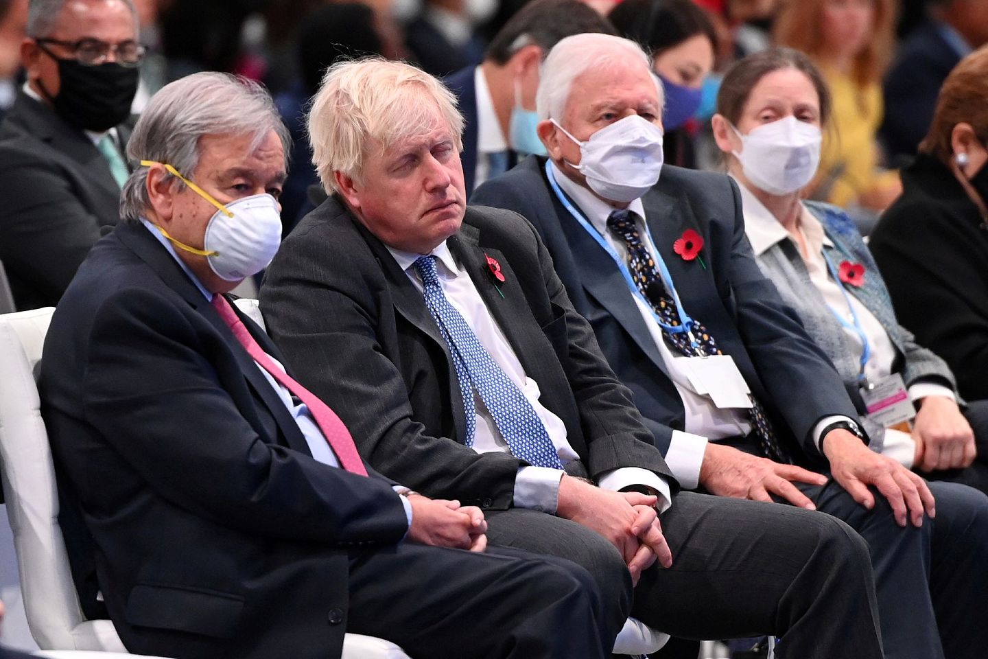 2021年11月1日，联合国秘书长古特雷斯、英国首相约翰逊出席在英国苏格兰格拉斯哥举行的联合国气候变化会议开幕式。（Reuters）