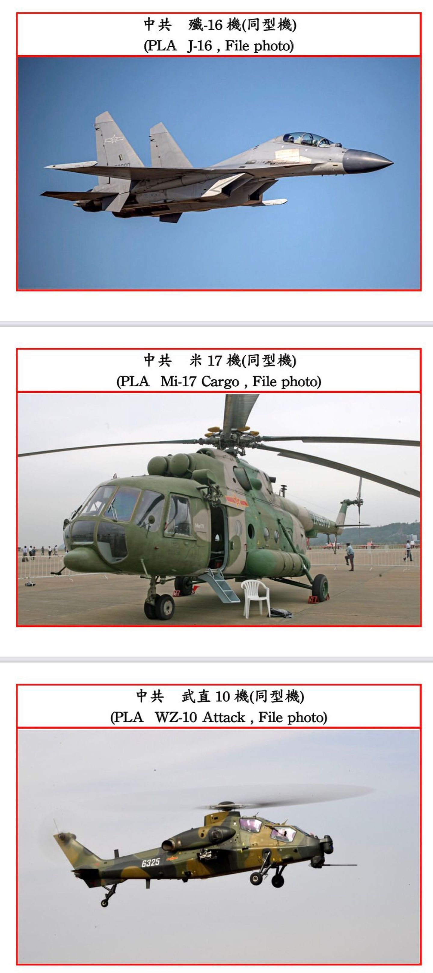 台空军公布绕台解放军军机型号。（台湾空军）