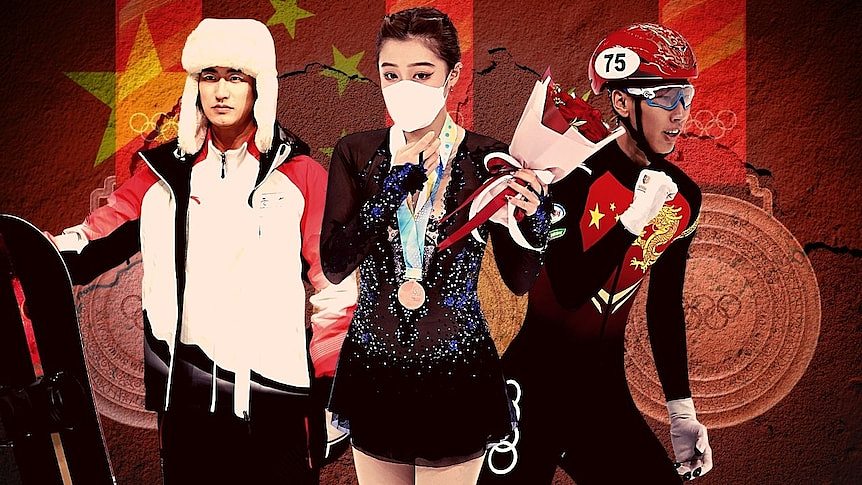 A collage of three Chinese Winter Olympic athletes