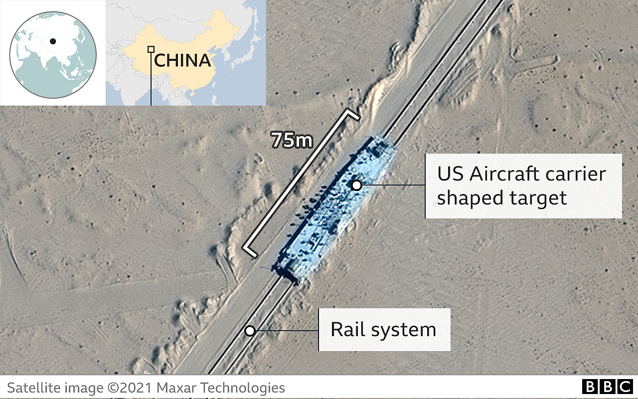 美国空间技术公司麦克萨尔卫星图像显示，在新疆塔克拉玛干沙漠的一个靶场内，一个形似航空母舰的结构被安装在轨道上。