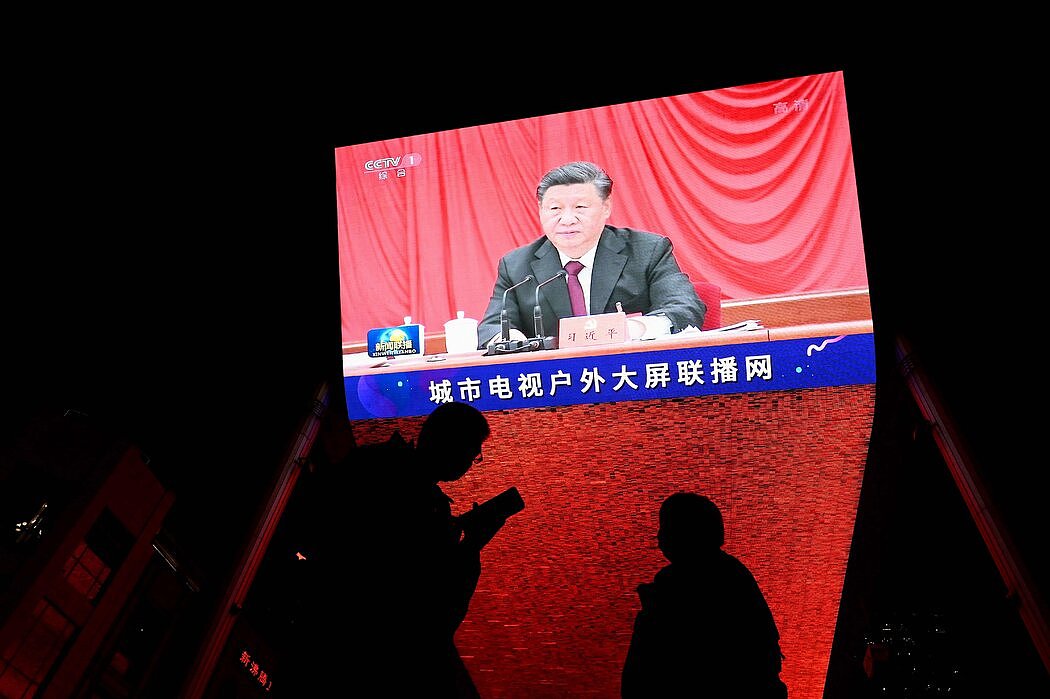 周四，北京一家商场的电视中播放着晚间新闻里习近平的讲话内容。