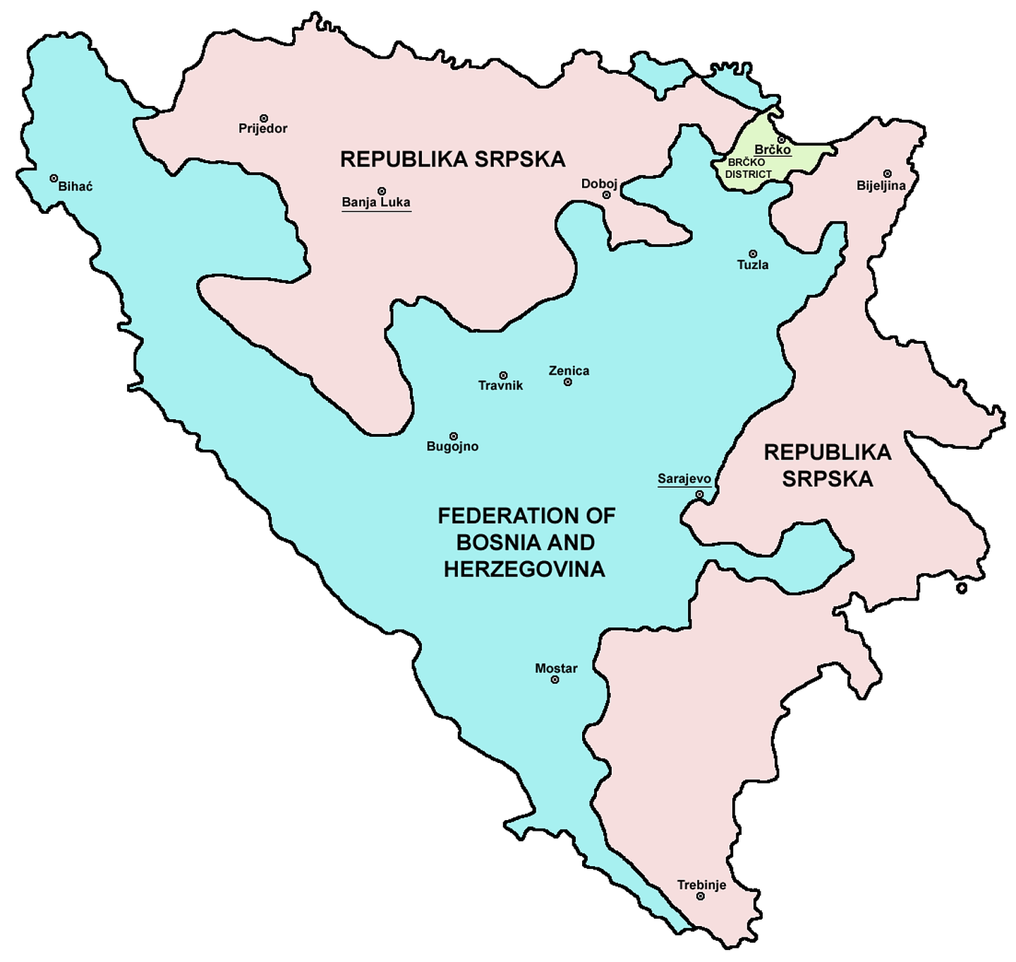 图中浅蓝色处为波黑联邦，浅红色处为塞族共和国。塞族力量在战争期间占有更多土地，却在北约力量的压力下被迫放弃。（Wikimedia Commons）
