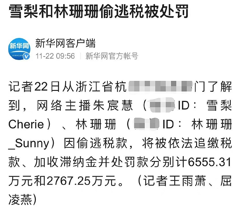 网红林珊珊雪梨偷逃税被处罚！两人合计近九千万，引网友集体怒斥