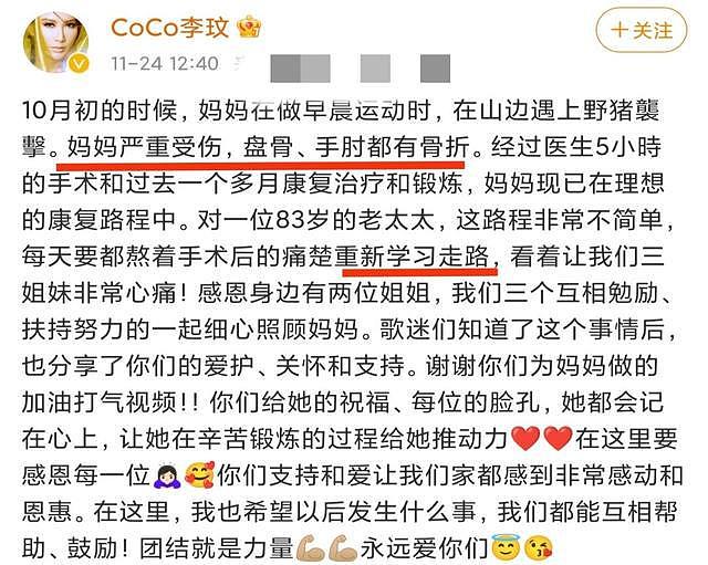 华人女星李玟晒全家福，83岁母亲多处骨折仍靠轮椅出行，姐妹仨陪着她训练（组图） - 2