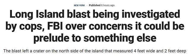 纽约长岛神秘爆炸留下一大坑，FBI担心会是更大事件前兆（图） - 1