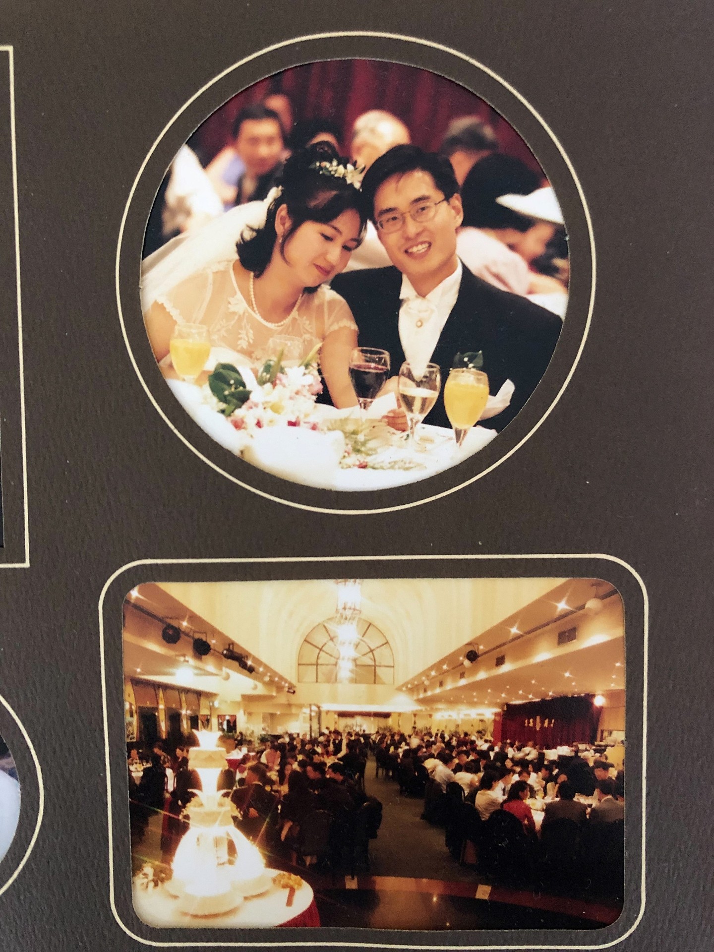 The photos of a married Asian couple and wedding reception.
