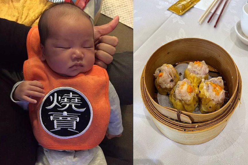 A composite photo of a chinese baby and a dim sum dish.