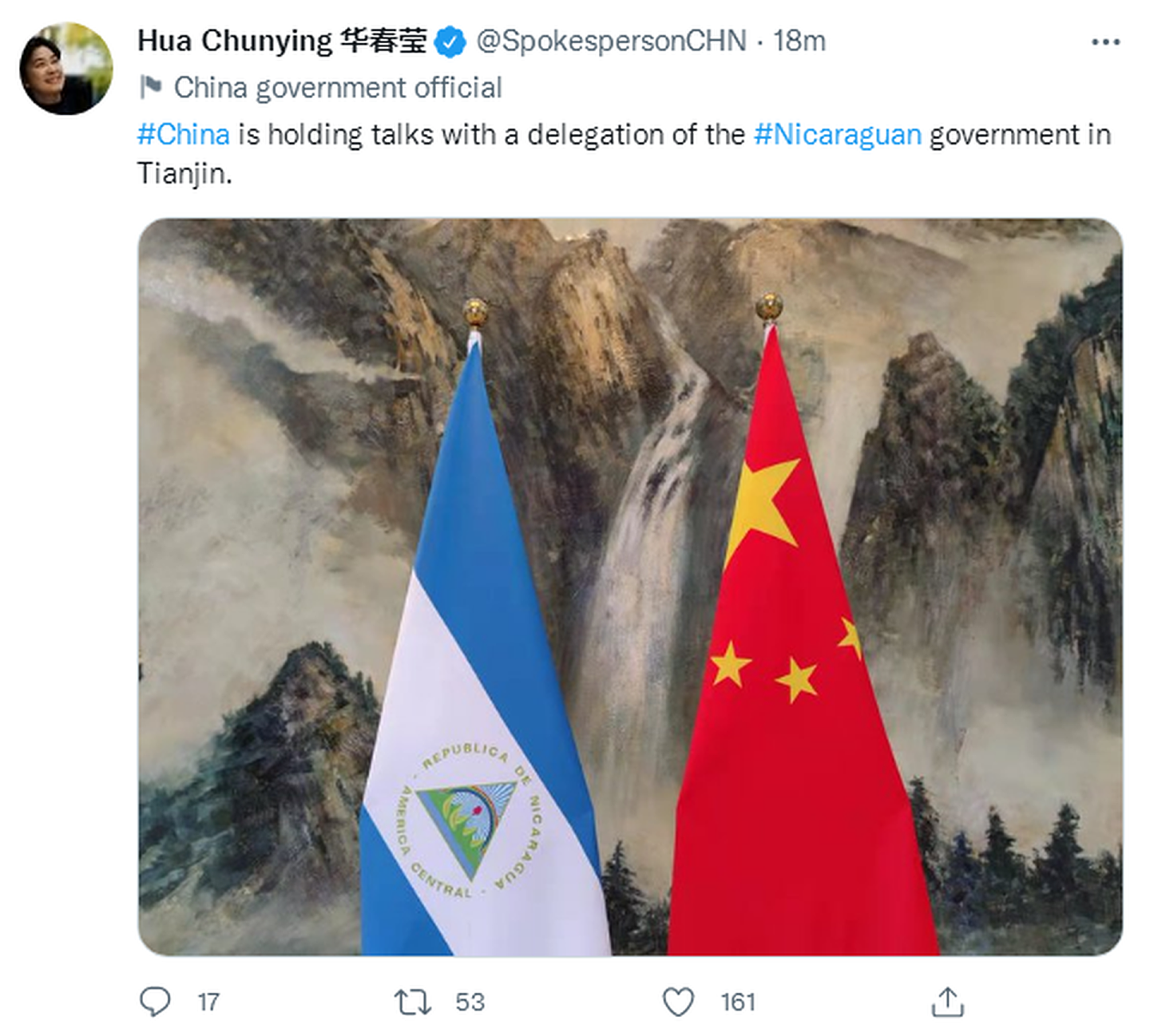 中国外交部部长助理华春莹在社交媒体推特上发文，配上中尼两国国旗。（Twitter@Hua Chunying华春莹）