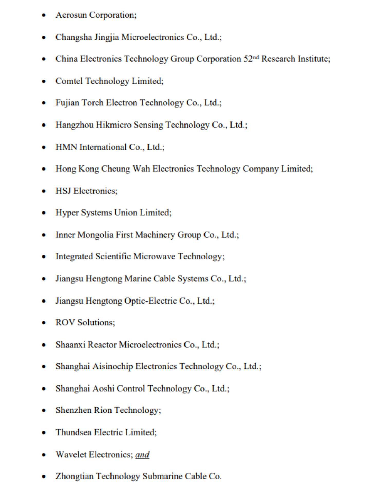 12月16日被美国列入“实体清单”的34间中国企业及组织。（FederalRegister.gov）