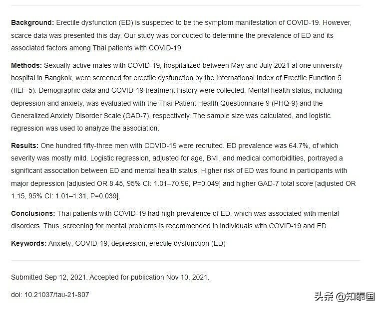 研究显示泰国超64%男性新冠患者出现勃起功能障碍