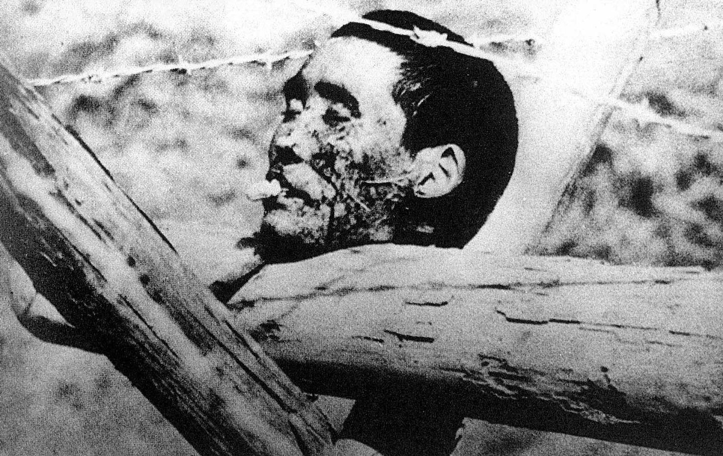1937年在南京大屠杀后，日军在铁丝网上放着被日军杀害的一个中国人的头颅的嘴里，塞进了半截香烟。（VCG）