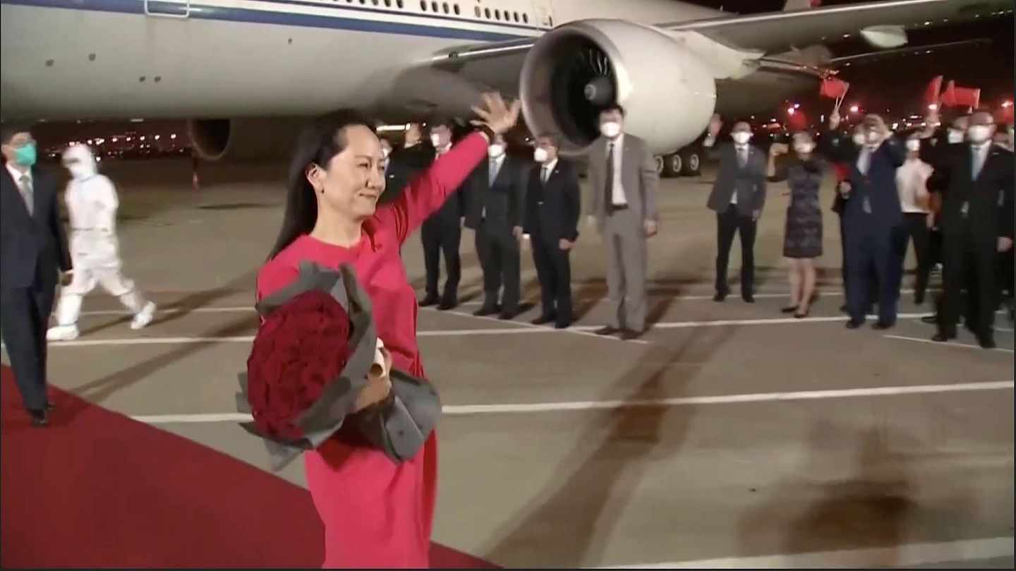 孟晚舟返回中国获盛大欢迎。（Reuters）