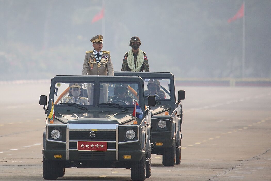 3月，缅甸最高军事指挥官敏昂莱在首都内比都举行的第76届武装部队日阅兵式上。