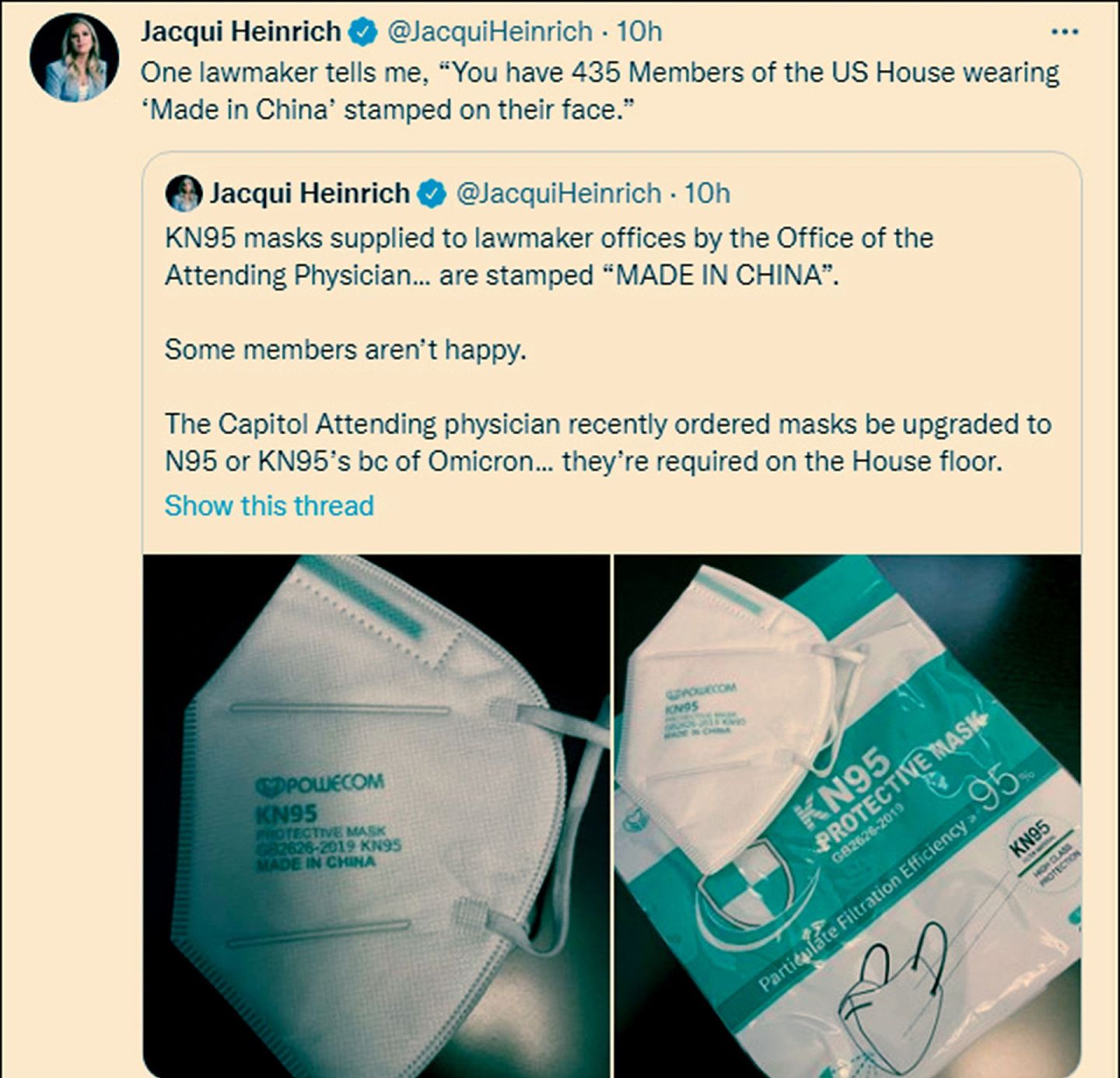 美国记者在推特是发布的印有“中国制造”的KN95口罩。（Twitter＠Jacqui Heinrich）