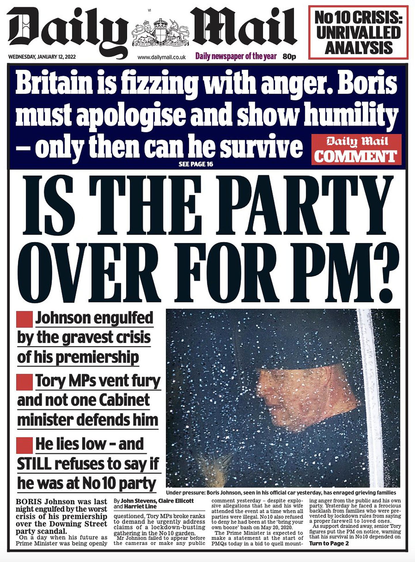 英国《每日邮报》大字标题质疑约翰逊的“派对”是否完了。（Twitter@DailyMailUK）