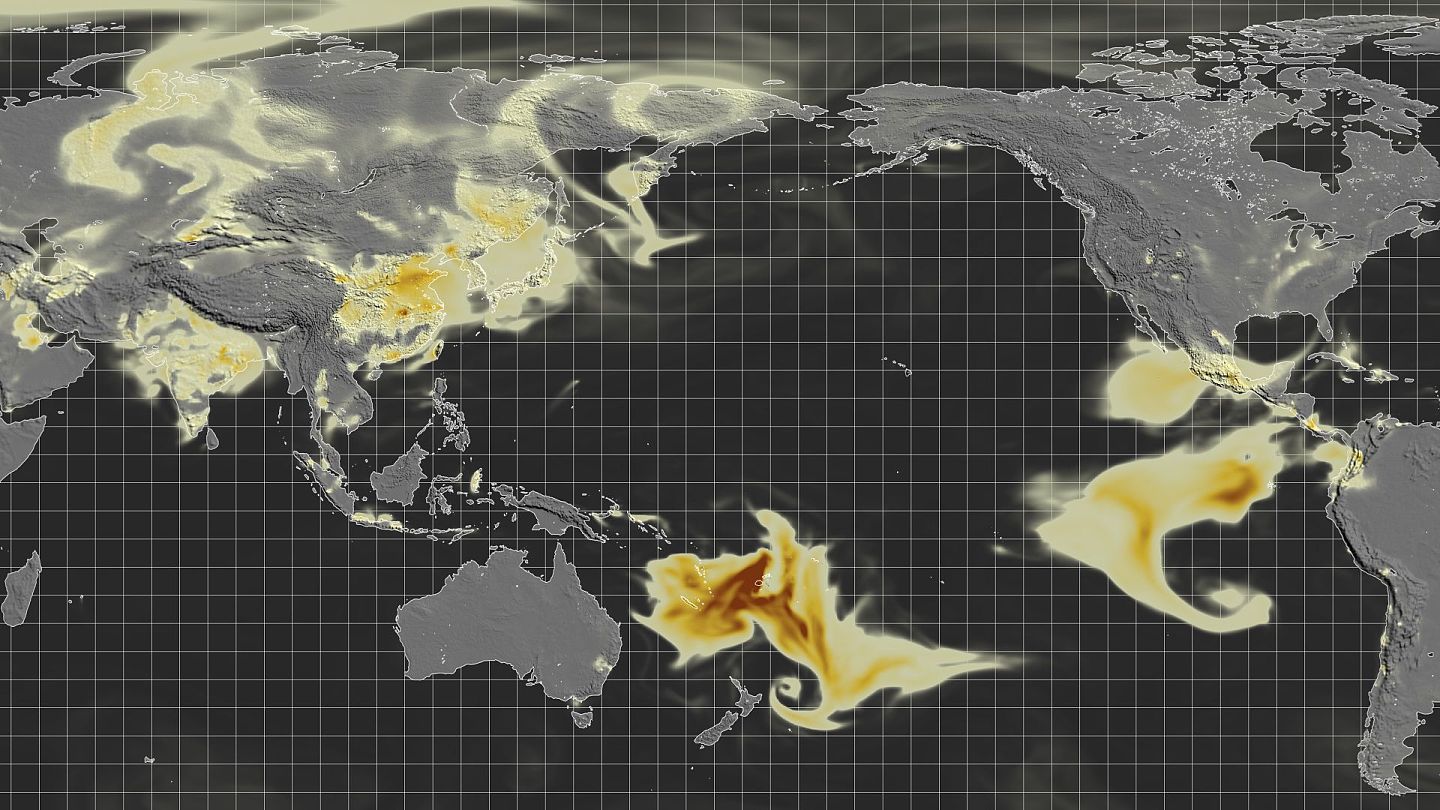 图为1月17日，新西兰国家水与大气研究所（NIWA）释出的全球二氧化硫显示，可见在太平洋一般浓度明显急增。（NIWA官方Twitter截图）