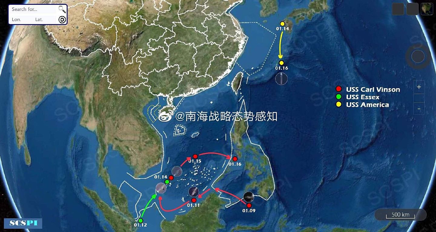 2022年1月17日，“南海战略态势感知平台”公布最新卫星图片，显示美军三艘航母正在中国周边集结。（微博@南海战略态势感知）